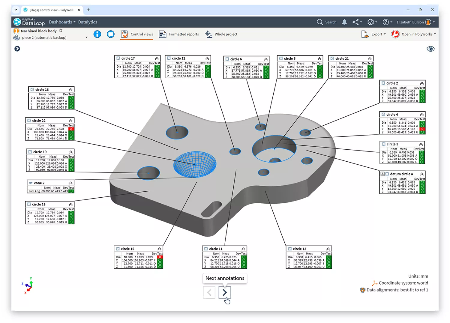 PolyWorks|DataLoop 2025 schermopname met meerdere annotaties op een 3D opgemeten stuk.