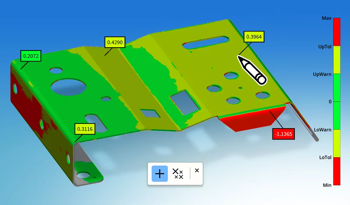 Met PolyWorks|DataLoop 2025 kunnen gebruikers oppervlakteafwijkingen van 3D gemeten stukken onderzoeken door interactie met kleurkaarten.