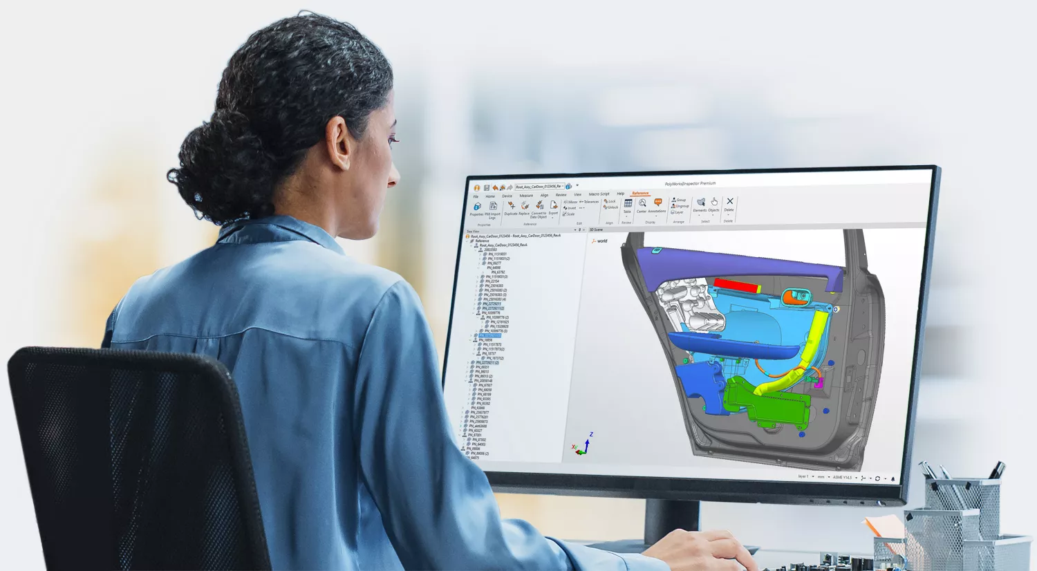 A PolyWorks|Inspector 2025 user importing a CAD assembly and displaying its assembly tree to easily select a part.